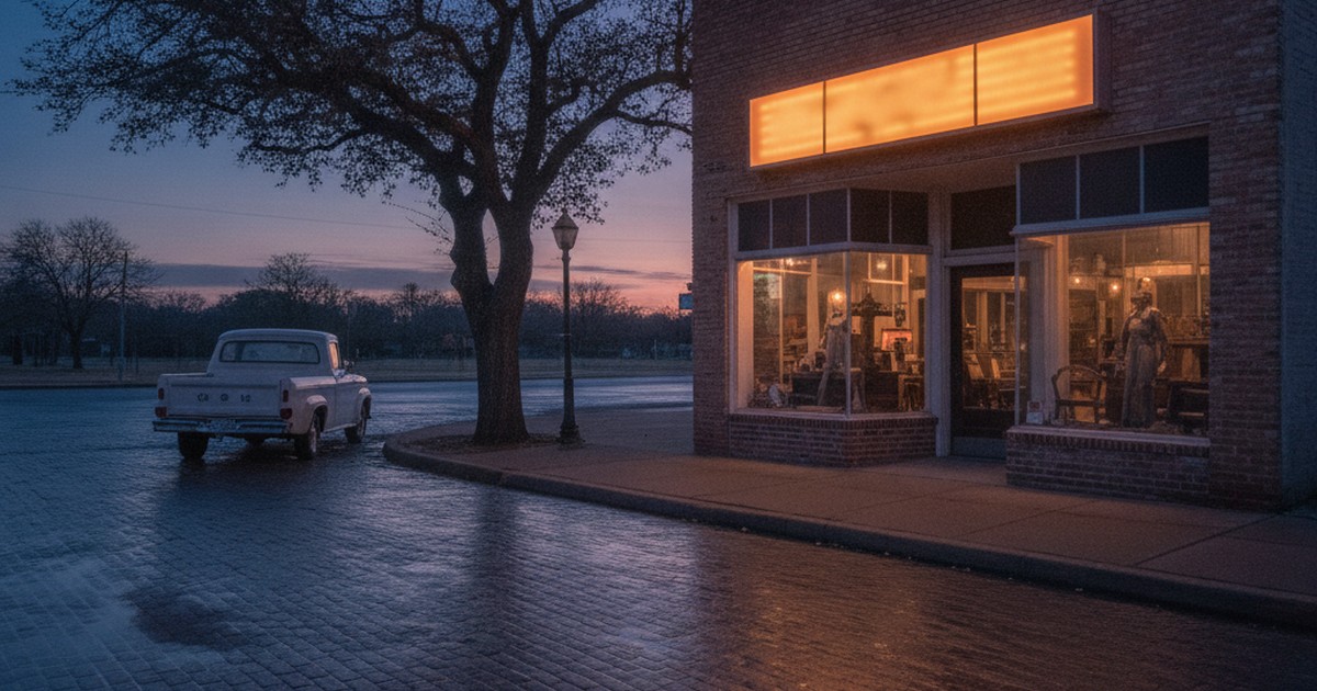 Small-town Texas storefront glowing at dusk on a quiet street