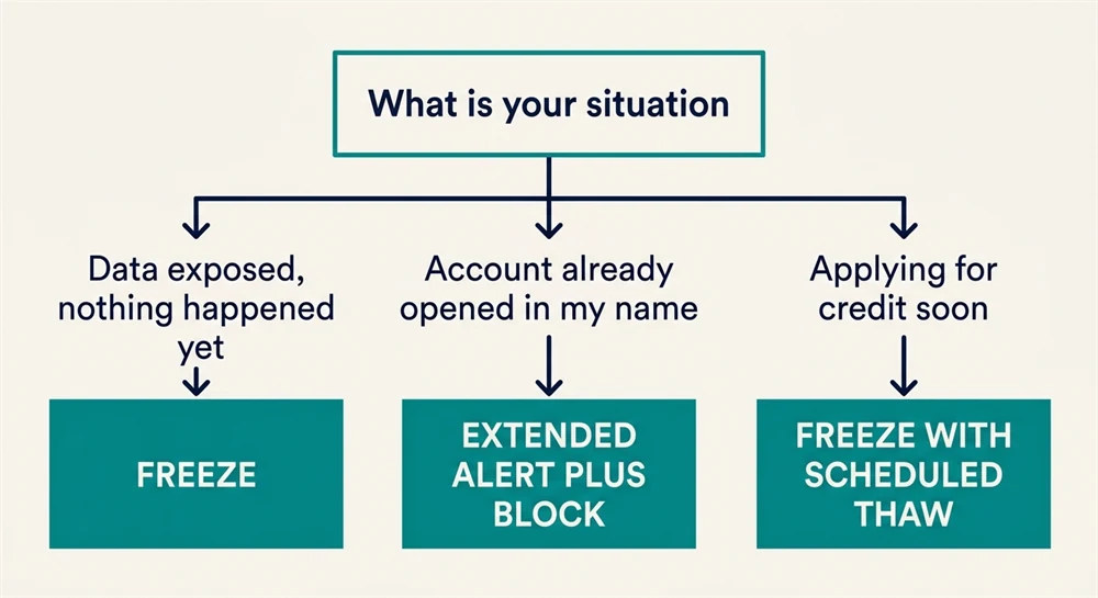 Decision flow choosing between a credit freeze and a fraud alert by situation