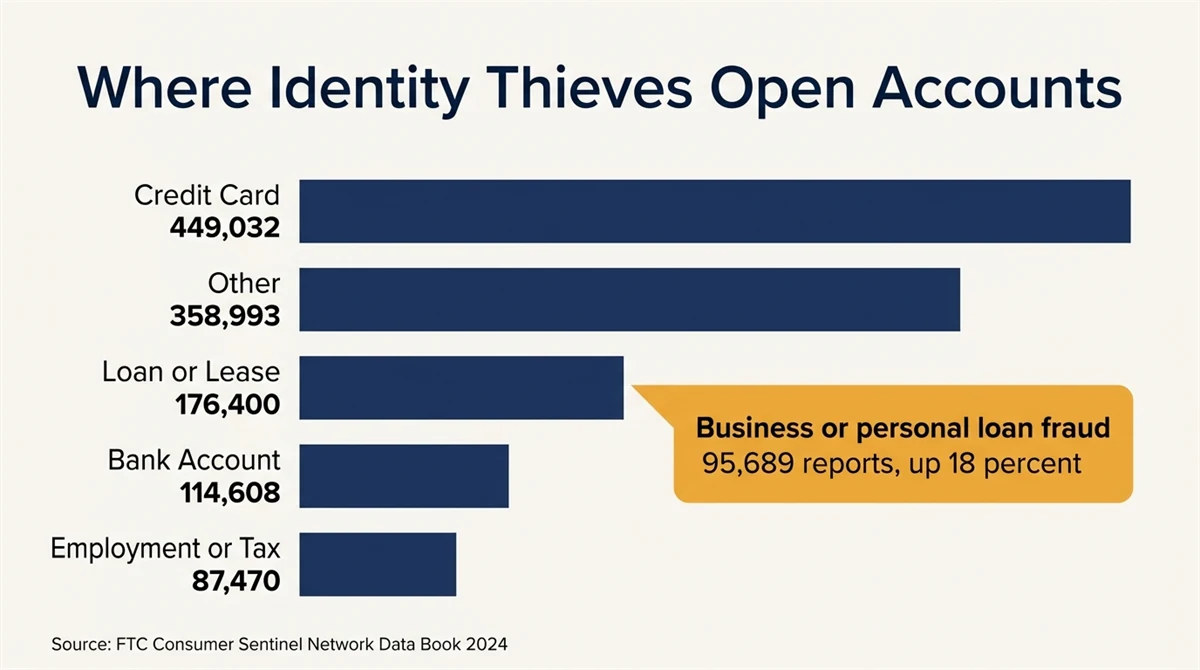 Bar chart of 2024 identity theft reports by account type, credit card highest