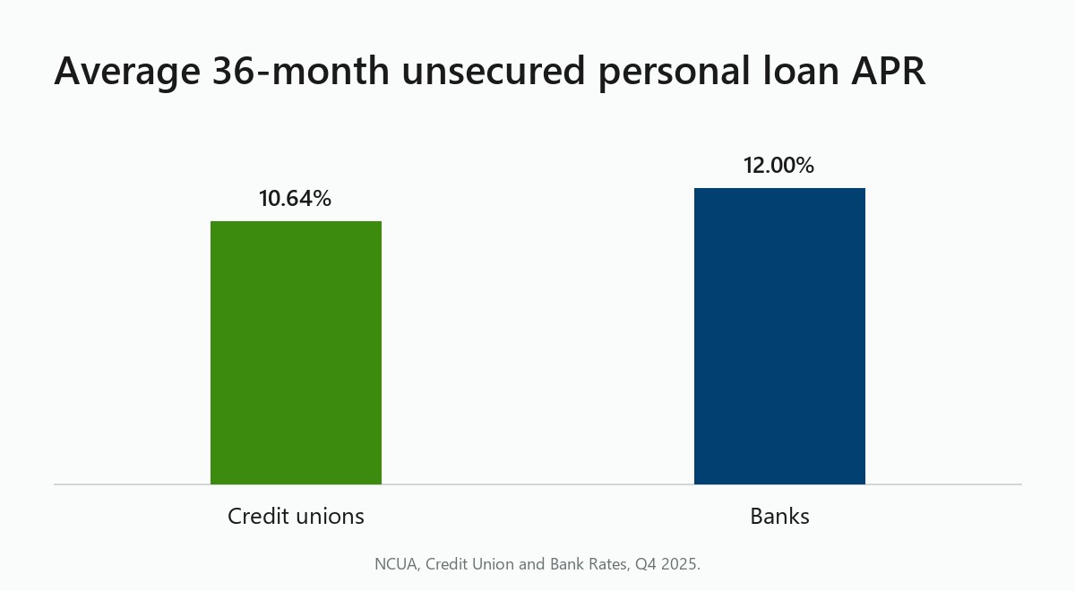 Chart: credit unions 10.64 percent vs banks 12 percent average personal loan APR