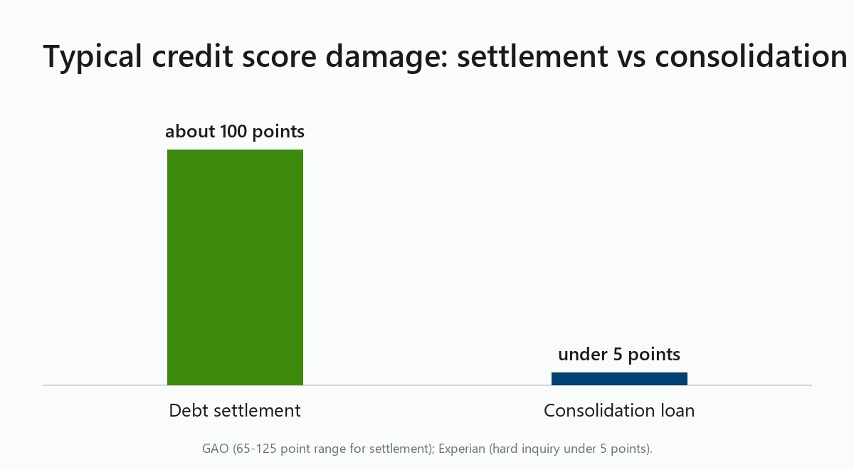 Chart: settlement costs about 100 credit score points, a consolidation loan under 5