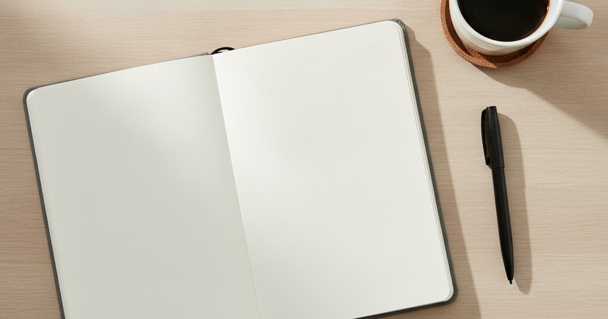 Overhead flat-lay of a blank planner, pen, and coffee cup
