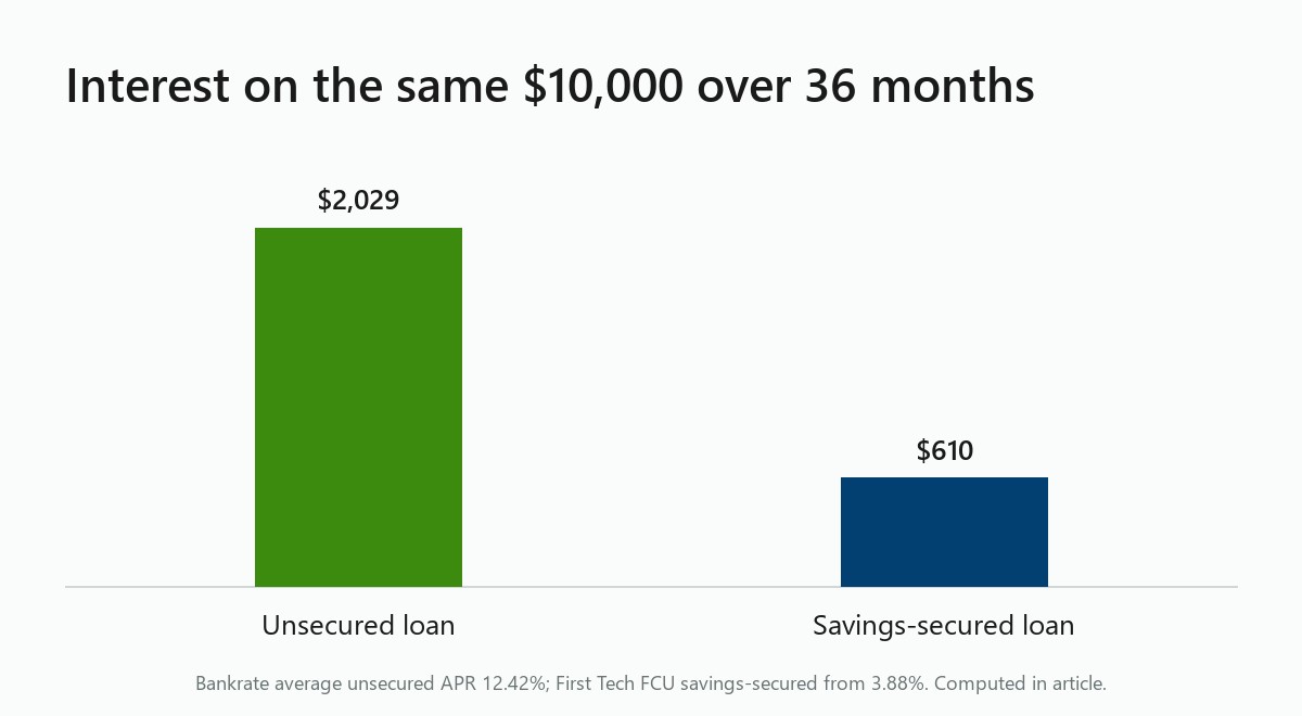 Chart: 2,029 dollars interest unsecured vs 610 secured on 10,000 over 36 months