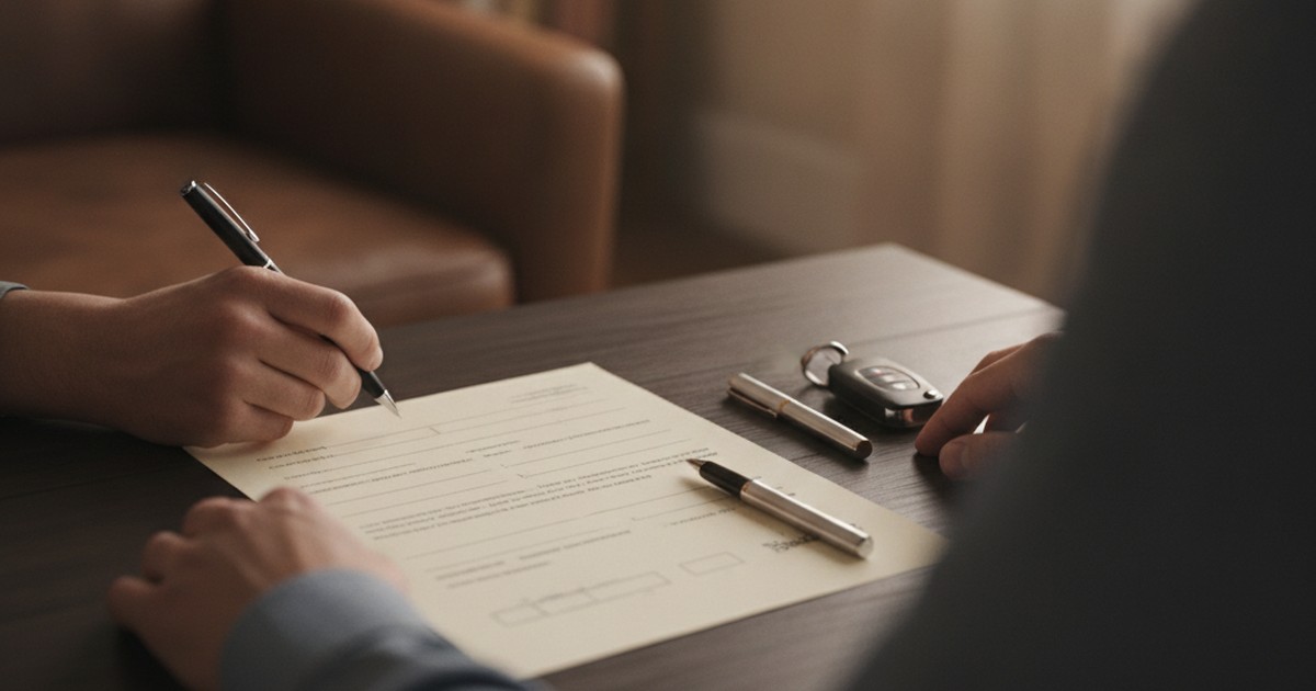 Hands signing a title document next to car keys on a table