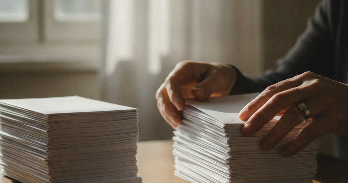 Hands sorting stacked bill envelopes into piles in morning light